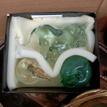 A glass paperweight, in the form of a lion, and assorted other items (box)