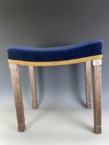 An Elizabeth II Coronation stool, the blue velvet seat on limed oak chamfered legs, stamped