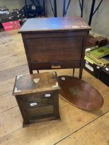 A smokers' oak box, a pair of binoculars, a monocular, a copper tray and an oak workbox