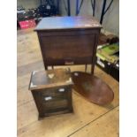 A smokers' oak box, a pair of binoculars, a monocular, a copper tray and an oak workbox