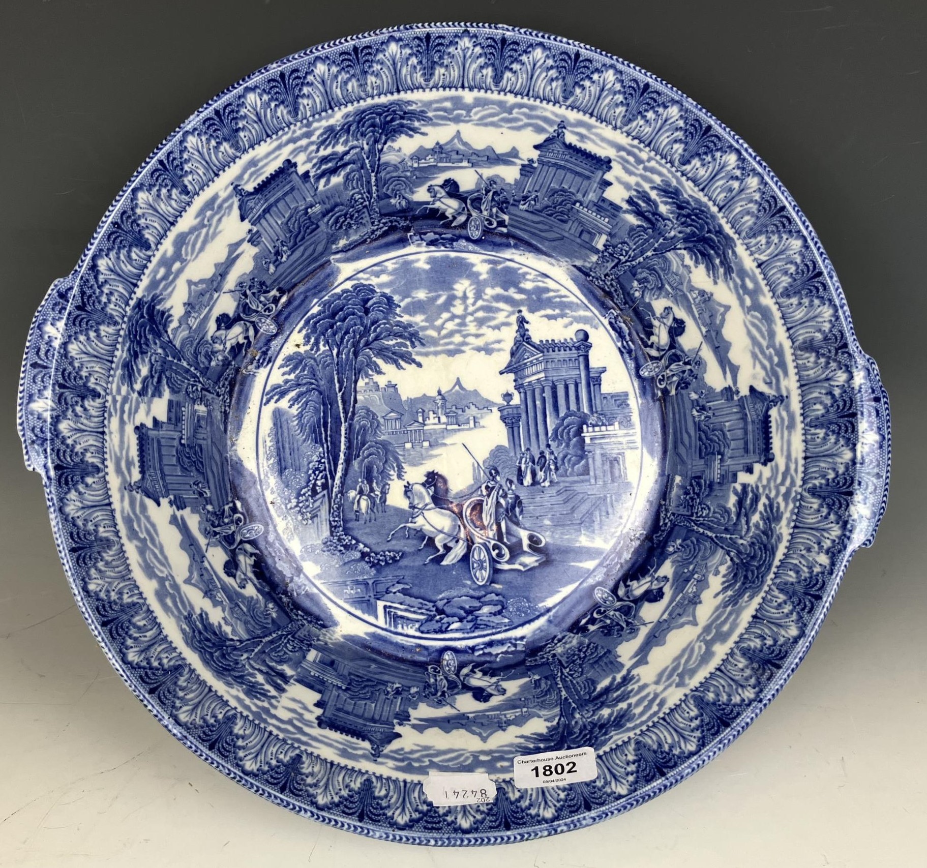 A late 19th century Cauldon blue and white basin or cream pan, decorated classical scenes, 40 cm - Image 2 of 4