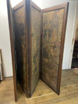 A scrapwork three paneled screen, each panel 191 x 73 cm