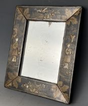 A mirror, in the Japanese manner, 25 x 19 cm, an Art Deco mirror, a silver plated tray, a pair of