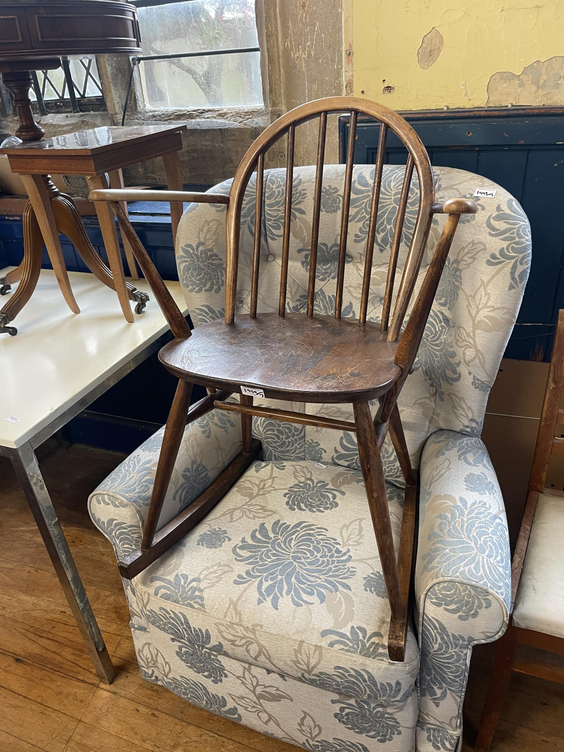 An oak chest, a dressing table, a drum table, a side table, a rocking chair, a single chair, and - Image 3 of 6