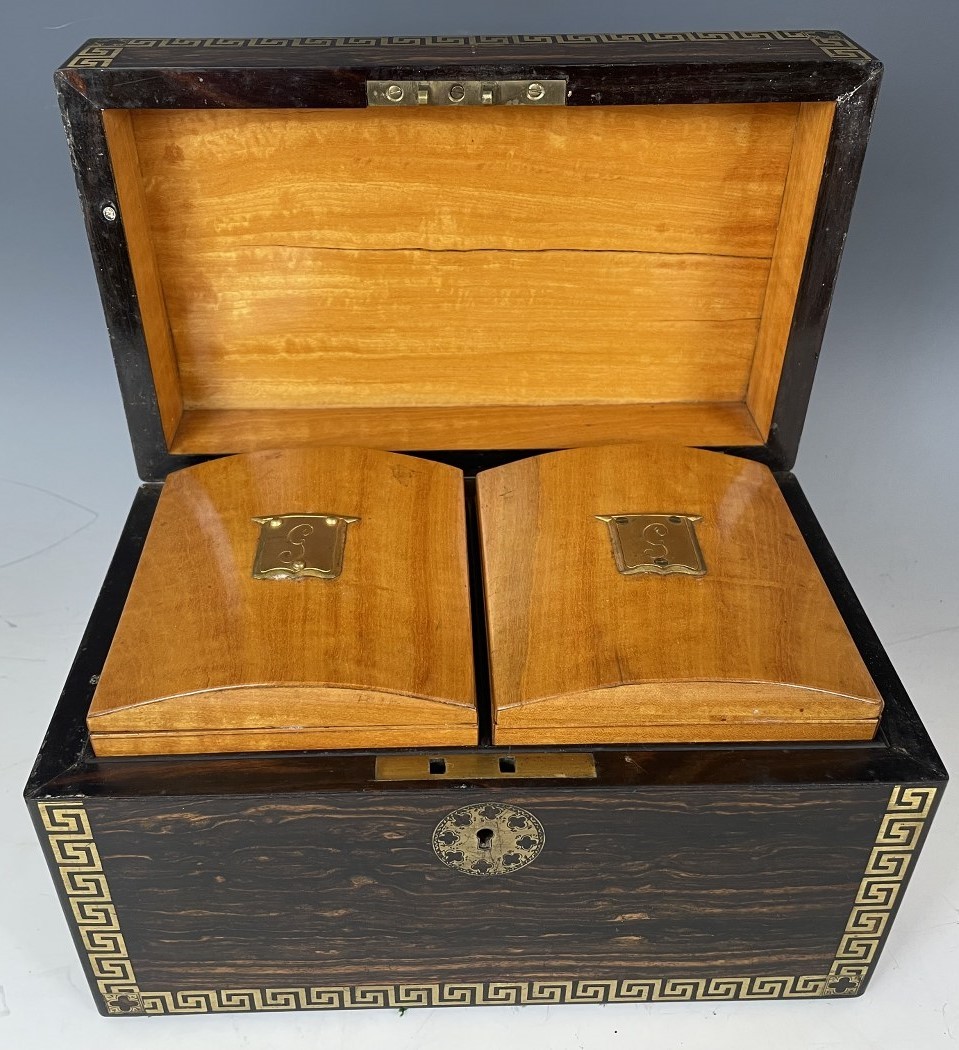 A 19th century coromandel and brass inlaid tea caddy, fitted two satinwood caddies, 26 cm wide - Image 2 of 5