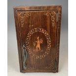 A 19th century Italian table top collectors cabinet, inlaid with figures, the hinged door to