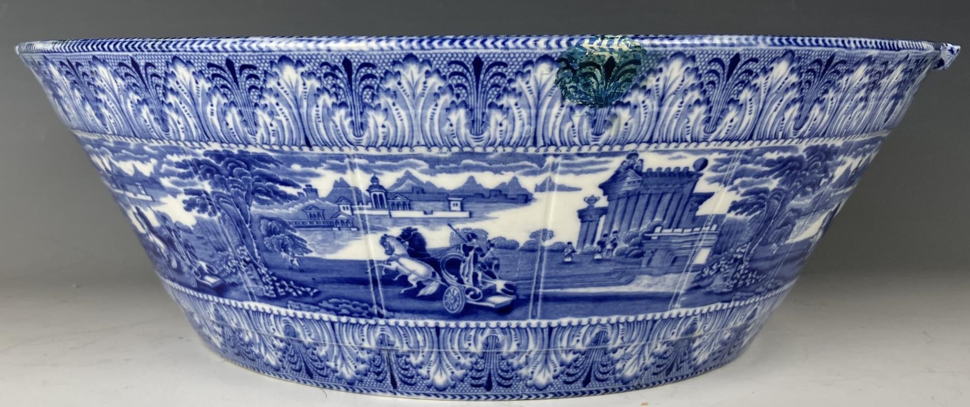 A late 19th century Cauldon blue and white basin or cream pan, decorated classical scenes, 40 cm - Image 3 of 4