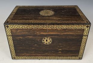 A 19th century coromandel and brass inlaid tea caddy, fitted two satinwood caddies, 26 cm wide