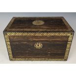 A 19th century coromandel and brass inlaid tea caddy, fitted two satinwood caddies, 26 cm wide