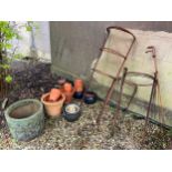 Assorted garden planters and plant pots, and assorted metal plant supports