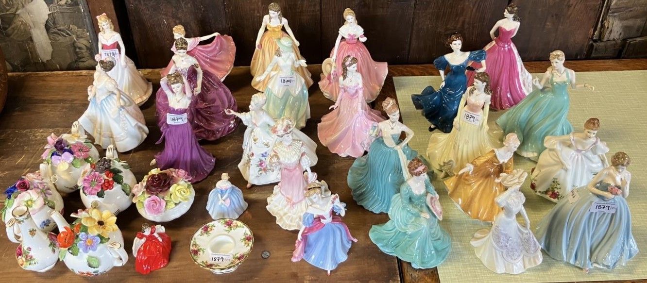 Assorted Royal Doulton and Coalport figures and floral encrusted ceramics (qty)