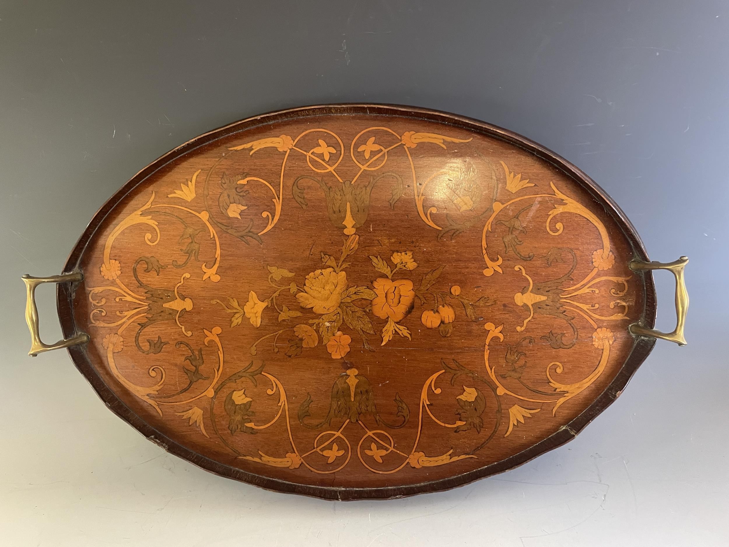 A mahogany marquetry inlay tray, 81 cm, and a footstool (2) - Image 2 of 3