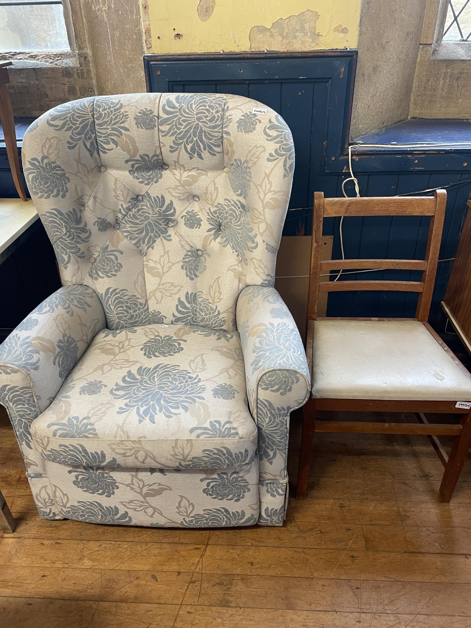 An oak chest, a dressing table, a drum table, a side table, a rocking chair, a single chair, and - Image 2 of 6