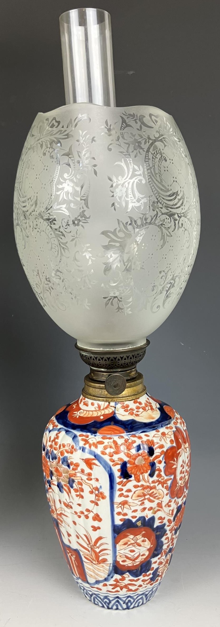 A Japanese Imari vase, converted to an oil lamp, with an acid etched glass shade, 46 cm high, and - Image 2 of 6