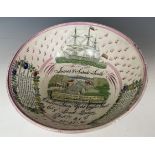 A 19th century Sunderland pottery lustre bowl, James & Sarah South, 1858, decorated ships, 29 cm