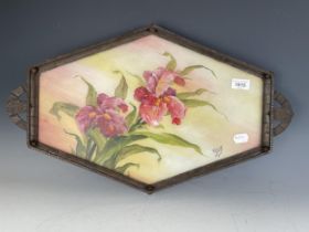 An early 20th century metal tray, inset with porcelain panels, decorated flowers, signed Seyt, 60