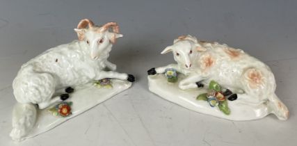 A late 18th century Derby porcelain ram and ewe, 13 cm wide, Roderick Jellicoe labels to base