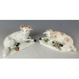 A late 18th century Derby porcelain ram and ewe, 13 cm wide, Roderick Jellicoe labels to base