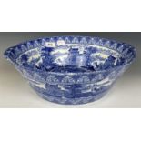 A late 19th century Cauldon blue and white basin or cream pan, decorated classical scenes, 40 cm
