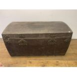 A leather studded trunk, with metal mounts, 125 cm wide Thought to be 18th century, heavy sign of