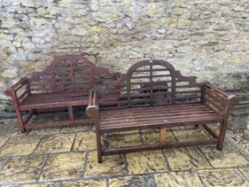 A pair of Lutyens style teak garden benches, 170 cm wide
