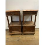 A pair of French walnut bedside tables, with marble tops, 40 cm wide