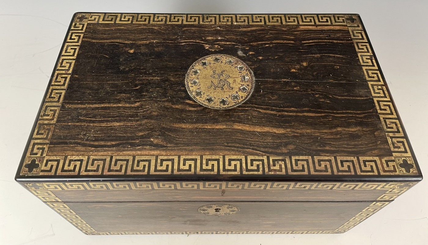 A 19th century coromandel and brass inlaid tea caddy, fitted two satinwood caddies, 26 cm wide - Image 3 of 5