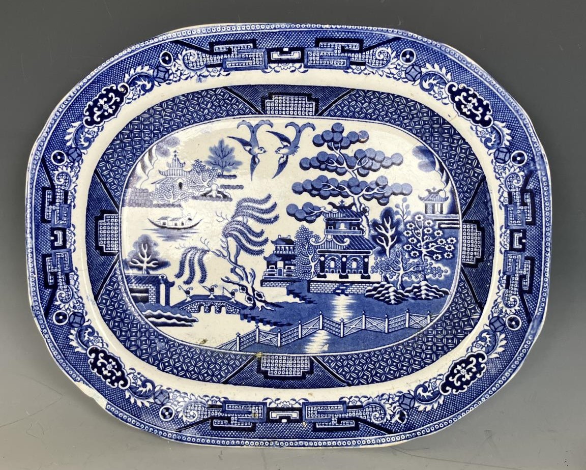 A blue and white meat plate, a part tea set, and assorted other ceramics (3 boxes)