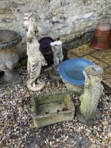 A composite stone bird bath, a sun dial, and two small garden urns (4)