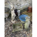 A composite stone bird bath, a sun dial, and two small garden urns (4)