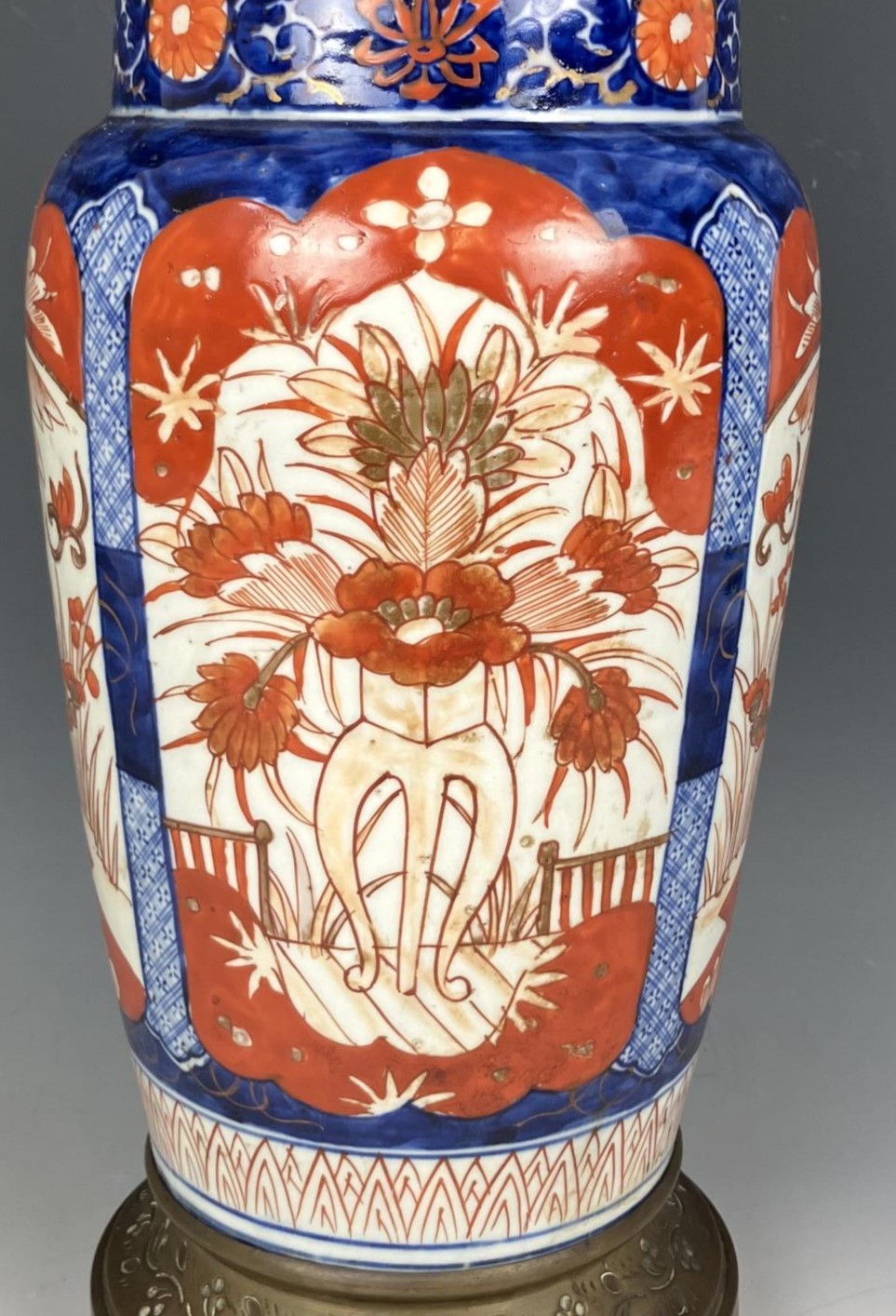 A Japanese Imari vase, converted to an oil lamp, with an acid etched glass shade, 46 cm high, and - Image 3 of 6