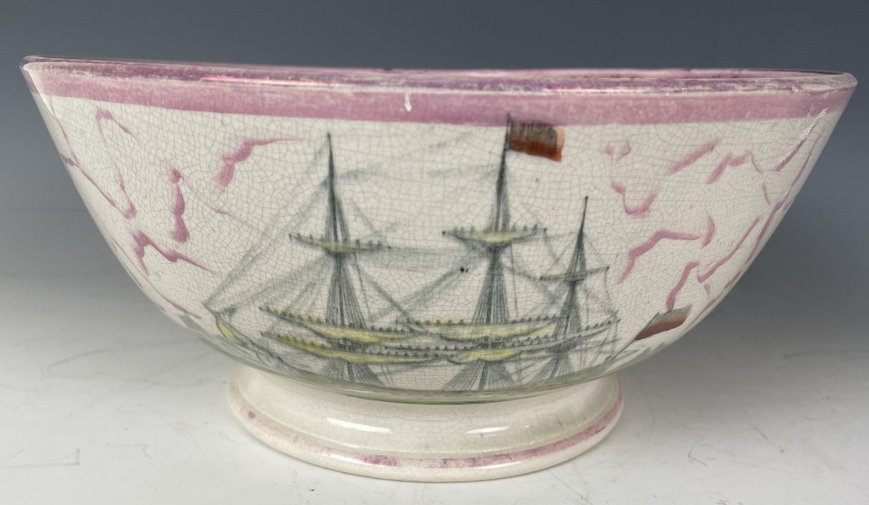 A 19th century Sunderland pottery lustre bowl, James & Sarah South, 1858, decorated ships, 29 cm - Image 5 of 8