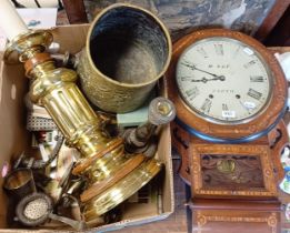 A wall clock, signed M Ruf, Porth, in a mahogany case, 73 cm, a brass and oak lamp base and assorted