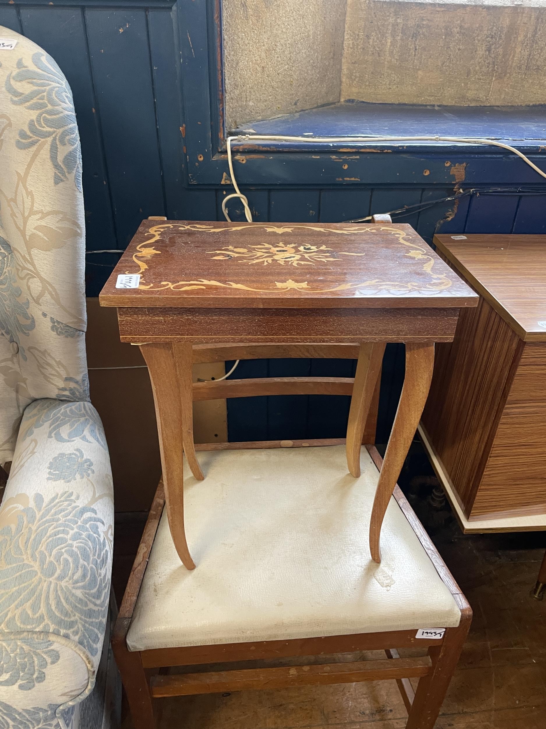 An oak chest, a dressing table, a drum table, a side table, a rocking chair, a single chair, and - Image 4 of 6