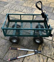 A metal garden cart, and a pair of garden loppers (2)