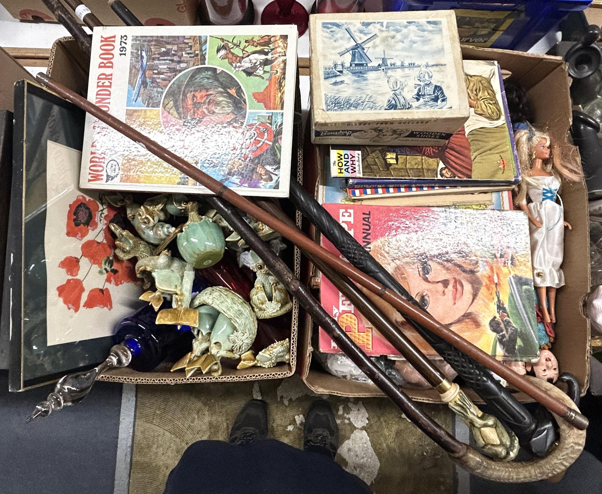 A horn handled walking stick, a chair, assorted dragon ornaments, ceramics, glass, vintage toys
