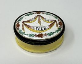 A 19th century oval enamel box, Love The Giver, 5 cm wide