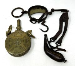 An unusual cast metal and brass scales, a Continental brass flask, lacking stopper, and an Eastern