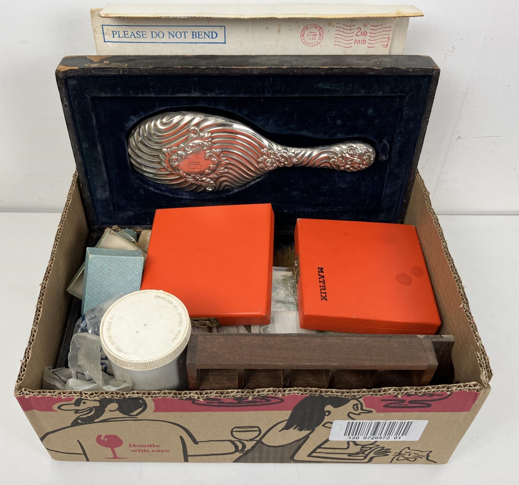 A silver backed dressing table set, assorted coins, thimbles and other items (box) - Image 2 of 2