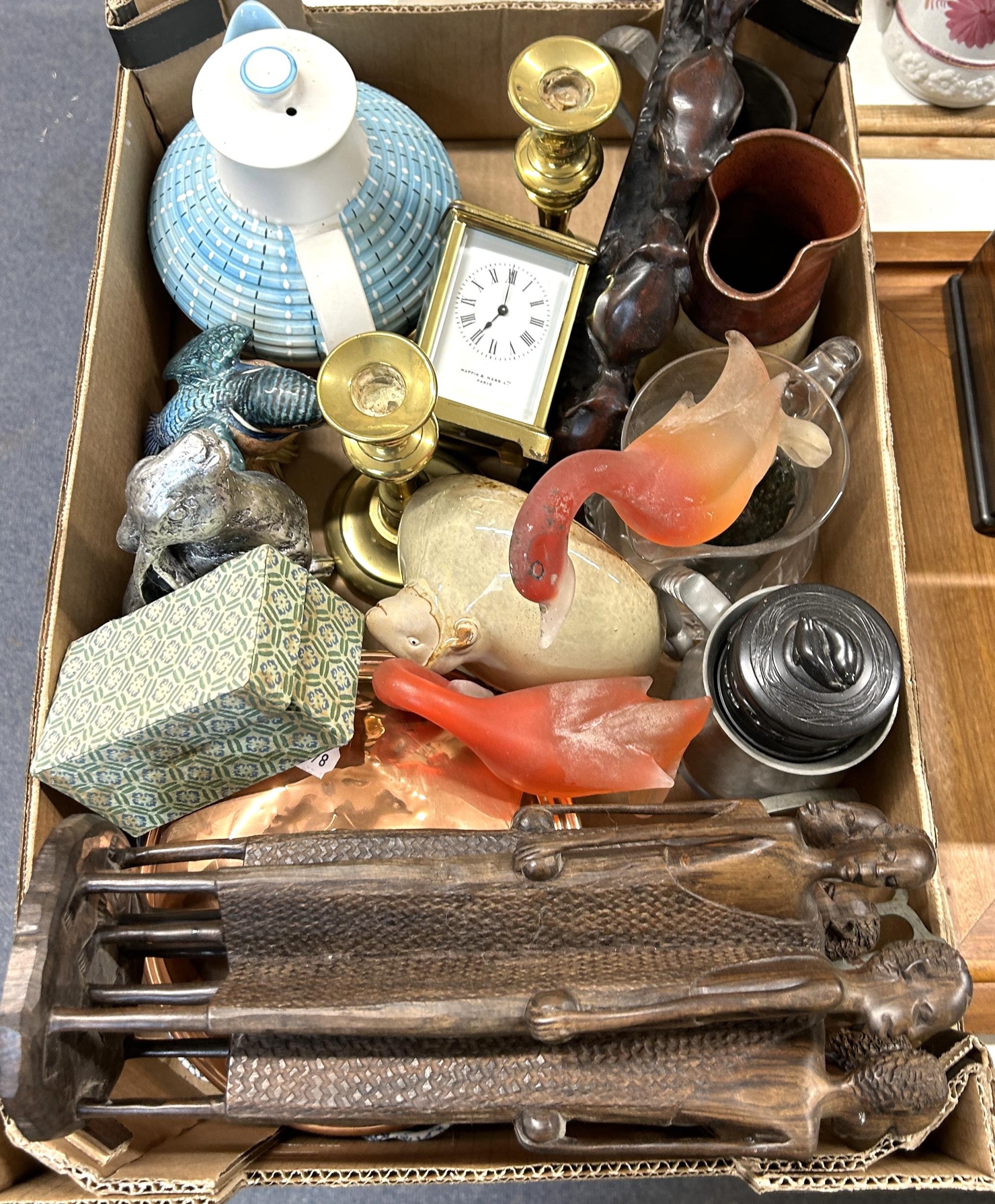 A brass and glass carriage clock, an African carving of six men, assorted other items (box)