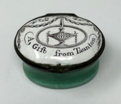 A 19th century oval enamel box, A Gift From Taunton, 3 cm wide