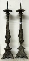 A pair of silver plated ecclesiastical style pricket candlesticks, 55 cm high (2)