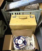 A vintage dolls' cot, a magazine rack, a hat box, assorted ceramics and other items (qty)