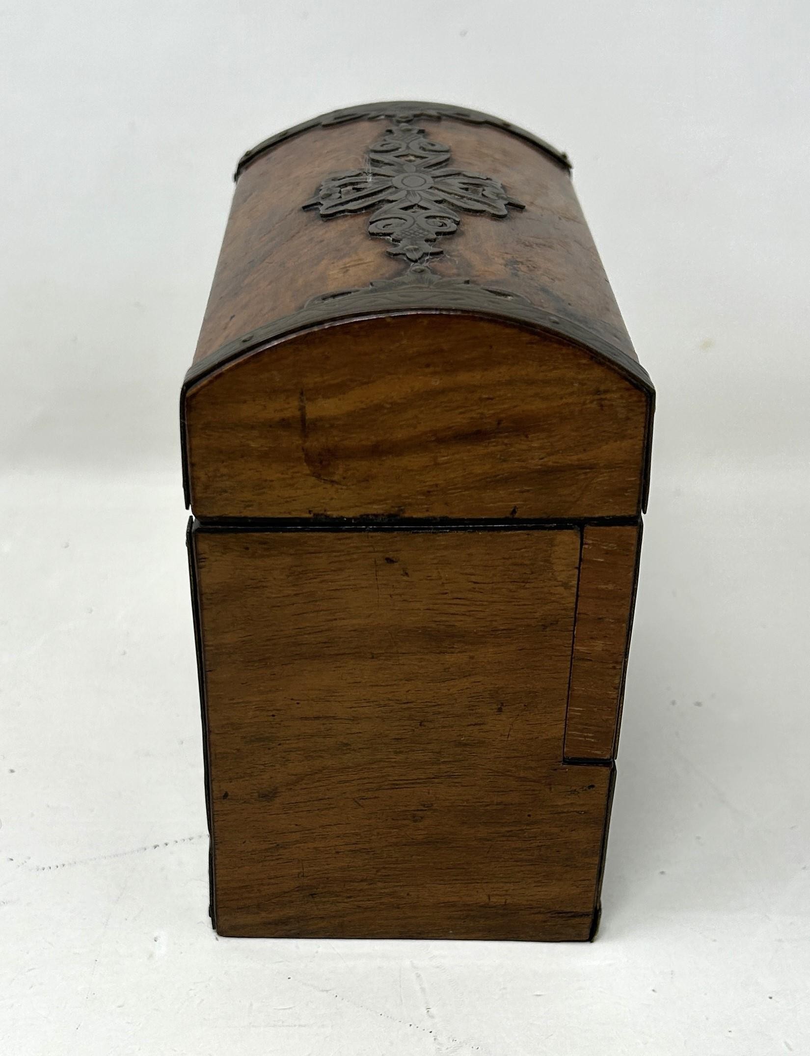 A walnut and brass bound decanter box, 14 cm wide some damage to the glass - Image 3 of 4