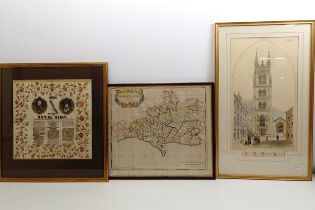 A Robert Morden map of Dorset Shire, 39 x 45 cm, an Official Programme Of The Royal Visit, framed,