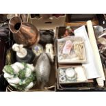 A cast metal figure of a flying pig, a mahogany tea caddy, and assorted other items (2 boxes)