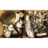 A silver plated bachelor's tea set, assorted silver plate and flatware, teawares, pictures and other