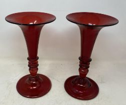 A pair of Venetian style ruby glass trumpet shaped vases, 27 cm high (2)