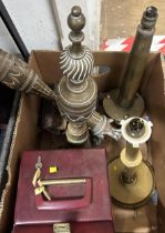 A brass lamp base, 40 cm high, and other items (2 boxes)