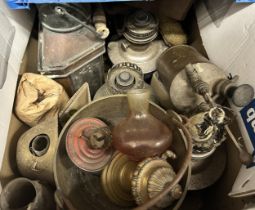 A copper lantern, assorted oil lamps and other items (qty)